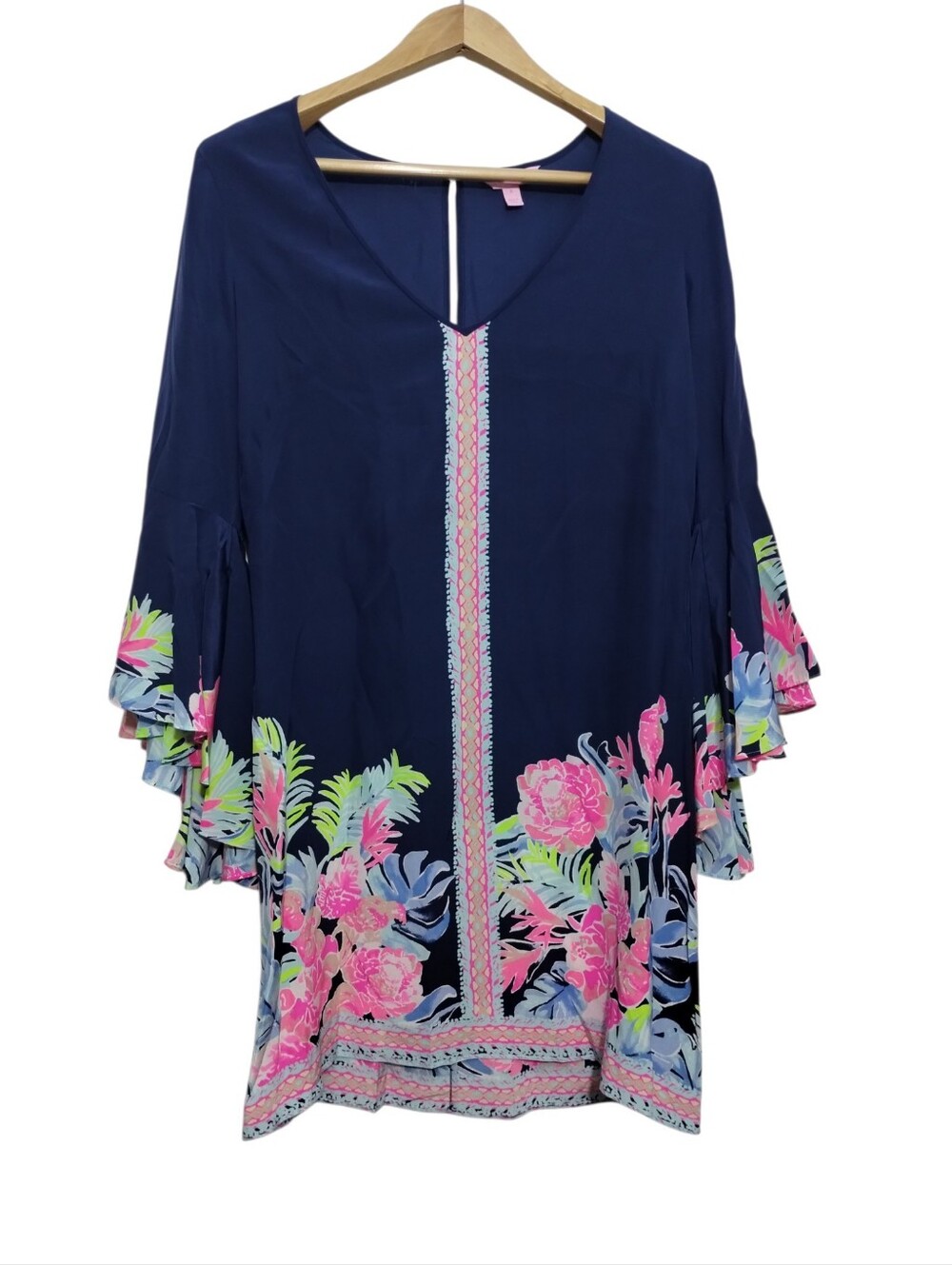 Lilly Pulitzer Womens 6 Rosalia Silk Dress Bell Sleeve Floral Navy Blue V-neck